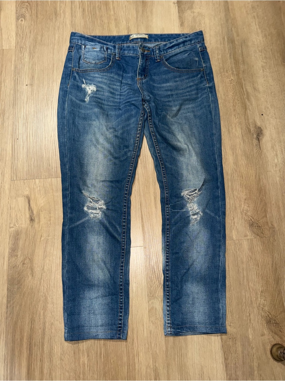 Free People Medium Blue Distressed Straight-Leg Jeans